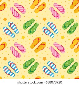 Colorful flip flops on sandy beach seamless pattern background.
