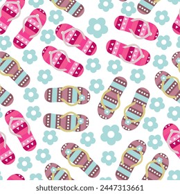 Colorful flip flops on white background seamless pattern with flowers. Travel, vacation minimalistic concept