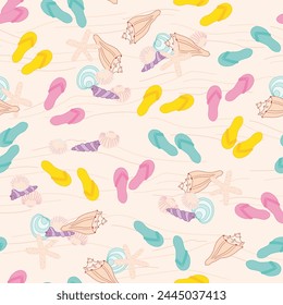 Colorful Flip Flops and Seashells seamless pattern print background