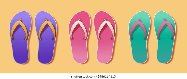 Colorful flip flops summer beach footwear on yellow background. Purple pink green sandals. Summer vacation holiday concept. Flat design