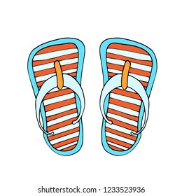 Colorful flip flops, summer time vacation attribute, shoes, slippers, sketch style. isolated on white background. Hand drawn
