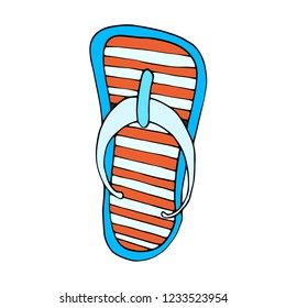 Colorful flip flops, summer time vacation attribute, shoes, slippers, sketch style. isolated on white background. Hand drawn