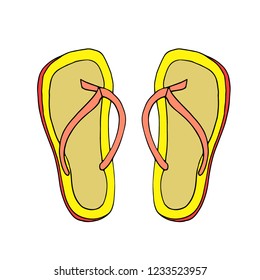 Colorful flip flops, summer time vacation attribute, shoes, slippers, sketch style. isolated on white background. Hand drawn