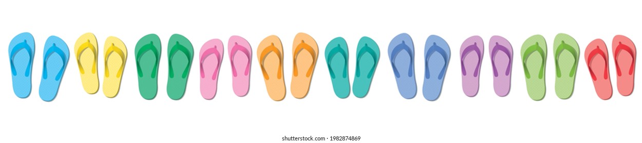 Colorful flip flops, ten colored pairs of rubber sandals, symbolic for group travel, teamwork, funny friends or happy family holiday - isolated vector illustration on white.
