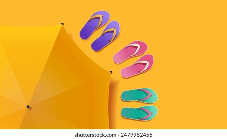 Colorful flip flops and yellow beach umbrella on bright orange background summer vacation concept