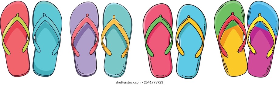 Colorful Flip-Flops Cartoon Illustration Summer Beach Vacation Holiday Footwear Vector Art