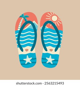 Colorful flip-flops featuring a tropical beach scene. This vibrant image showcases a pair of flip-flops decorated with a cheerful tropical beach scene