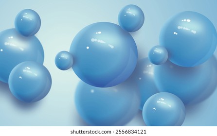 Colorful Floating Soft Balls Background.  Blue pearls fly in space. Abstract trendy stylish wallpaper background. 3D