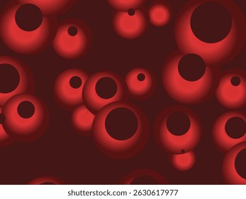 Colorful Floating Soft Balls Background. Red pearls flew in the sky. Abstract trendy stylish wallpaper background. 3D illustration. Vector pattern of red flying balls on a red background.