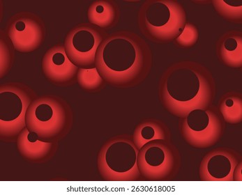 Colorful Floating Soft Balls Background. Red pearls flew in the sky. Abstract trendy stylish wallpaper background. 3D illustration. Vector pattern of red flying balls on a red background.