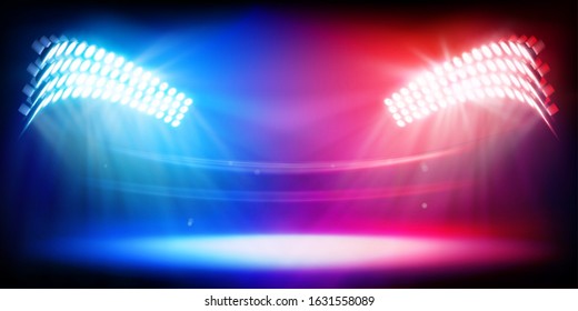 Colorful floodlights illuminating the sports stadium. Show on stage. Dark background. Sports games. Abstract vector illustration.