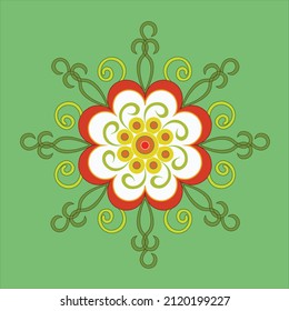 Colorful floor design with Indian motifs flowers, leaves on green color background.