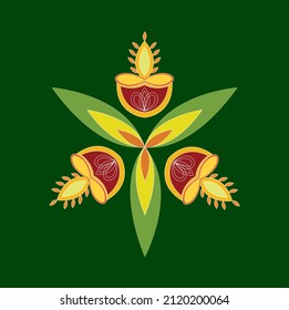 Colorful floor design with Indian motifs leaves and earthen lamp on deep green color background background.
