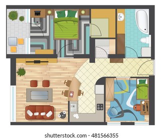 Colorful floor plan of an apartment.