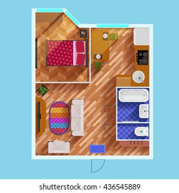 Colorful floor plan of apartment with one bedroom living room kitchen bathroom toilet and furniture flat vector illustration 