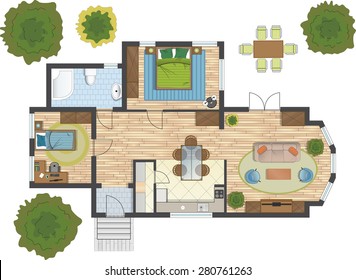 Colorful floor plan of a house.