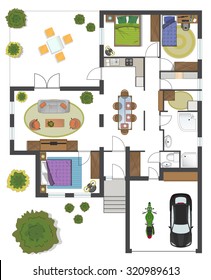 Colorful floor plan of a house.