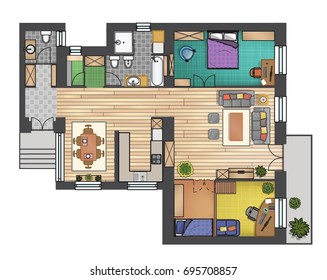 Colorful floor plan of a house.