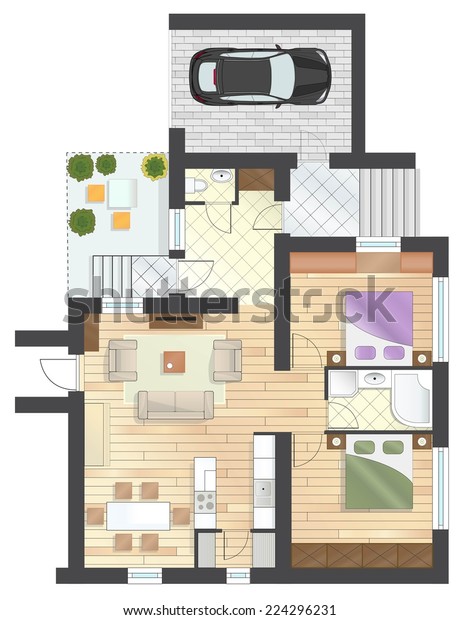 Colorful floor plan of a\
house.