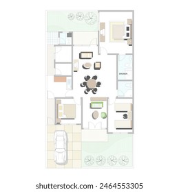 Colorful floor plans with furniture arrangement or interior design for a luxurious and comfortable home