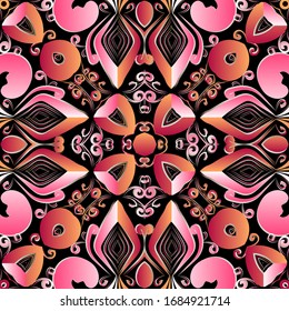 Color floral 3d sin fisuras. Fondo ornamental. Repita el contexto de estilo étnico. Bonitos adornos indios decorativos. Flores rosas antiguas, hojas. Diseño de degradado de elegancia ordenada.