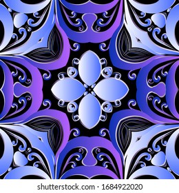 Colorful floral 3d seamless pattern. Ornamental Baroque background. Flowery repeat abstract backdrop. Decorative beautiful vintage ornaments. Violet and blue flowers, leaves, shapes. Ornate design.