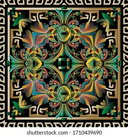 Colorful floral 3d seamless pattern. Vector ornamental background. Repeat backdrop. Vintage arabic ornament. Ethnic tribal style  arabesque design with square frames, borders, Paisley flowers, leaves.