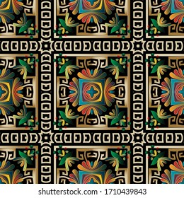 Colorful floral 3d seamless pattern. Vector tartan background. Repeat backdrop. Vintage arabic ornament. Ethnic tribal plaid arabesque design with square frames, borders, Paisley flowers, leaves.