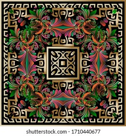 Colorful floral 3d seamless pattern. Vector ornamental background. Repeat backdrop. Vintage arabic ornaments. Ethnic tribal style ornate arabesque design with square frames, borders, flowers, leaves.