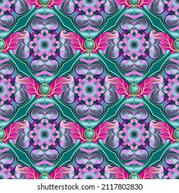 Colorful floral 3d seamless pattern. Bright ethnic style ornamental surface background. Vintage flowers, leaves, 3d buttons, frames. Repeated vector beautiful backdrop. Decorative ornate design.
