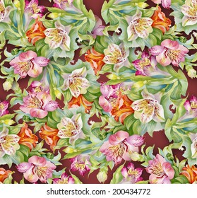Colorful floral alstroemeria seamless pattern on red background vector