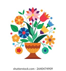 Colorful floral arrangement in a brown vase with various beautiful blossoms on white background