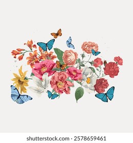 Colorful floral arrangement with butterflies. Vibrant flowers and butterflies create a lively, natural scene. Butterflies and flowers in harmony. Vintage flower illustration isolated on white, vector.