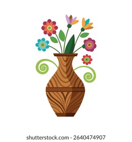 Colorful floral arrangement in a decorative wooden vase isolated on white background