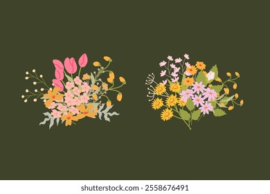 Colorful floral arrangement with pink and yellow blooms on dark background.