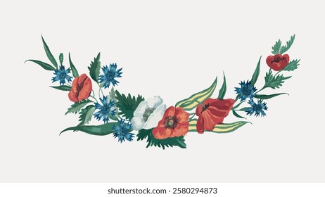 Colorful floral arrangement with red poppies and blue flowers. Vibrant flowers and green leaves create a lively floral design. Decorative floral elements. Vintage flower illustration isolated, vector.