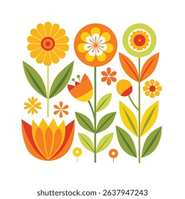 Colorful floral arrangement in a retro style with geometric shapes