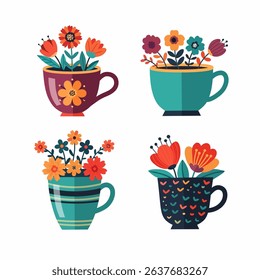Colorful Floral Arrangements in Decorative Teacups