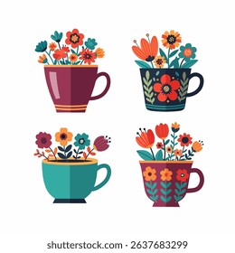 Colorful Floral Arrangements in Decorative Teacups