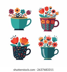 Colorful Floral Arrangements in Decorative Teacups