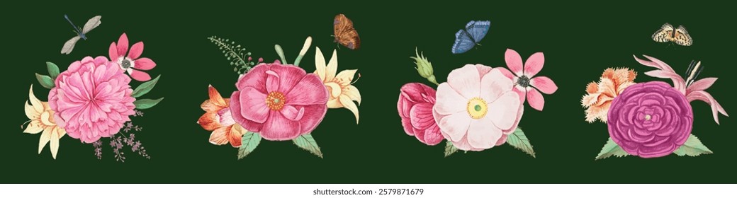 Colorful floral arrangements with pink flowers, butterflies, and green leaves. Pink flowers and butterflies create a vibrant, natural scene with pink blooms. Nature illustrations, isolated vector set.