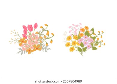 Colorful floral arrangements with pink and yellow blooms on white background.