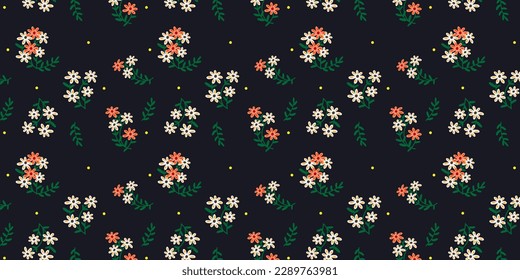 Colorful floral art pattern. Flat flower illustration. Repeat seamless pattern. Fill pattern on swatches