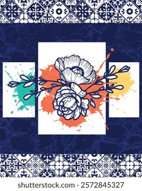 Colorful Floral Artwork with Geometric Border Patterns and Ink Splashes. Vibrant artistic composition featuring sketch-style flowers, dynamic ink splatters, and patterned borders.