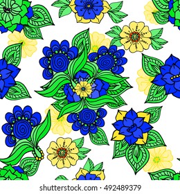 Colorful floral background drawing on white in blue tones