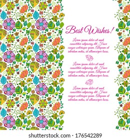 Colorful floral background with leaves and flowers. Holiday invitation card.