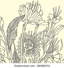Colorful floral background with leaves and flowers pattern, vector illustration