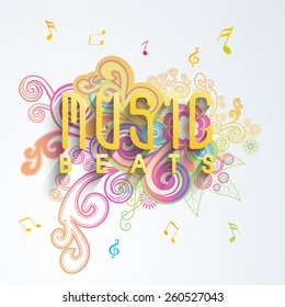 Colorful floral background with musical notes and glossy text Music Beats.