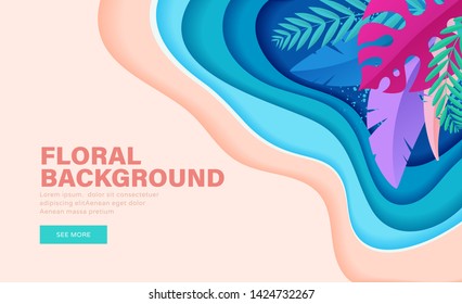 Colorful floral banner with tropical leaves for summer sales and discount. Landing page