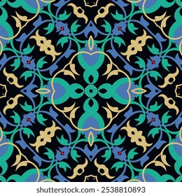 Colorful floral Baroque Damask Arabesque style seamless fabric pattern. Vector ornamental background. Vintage flourish ornaments. Endless ornate texture. For print, fabric,cover, wraps.